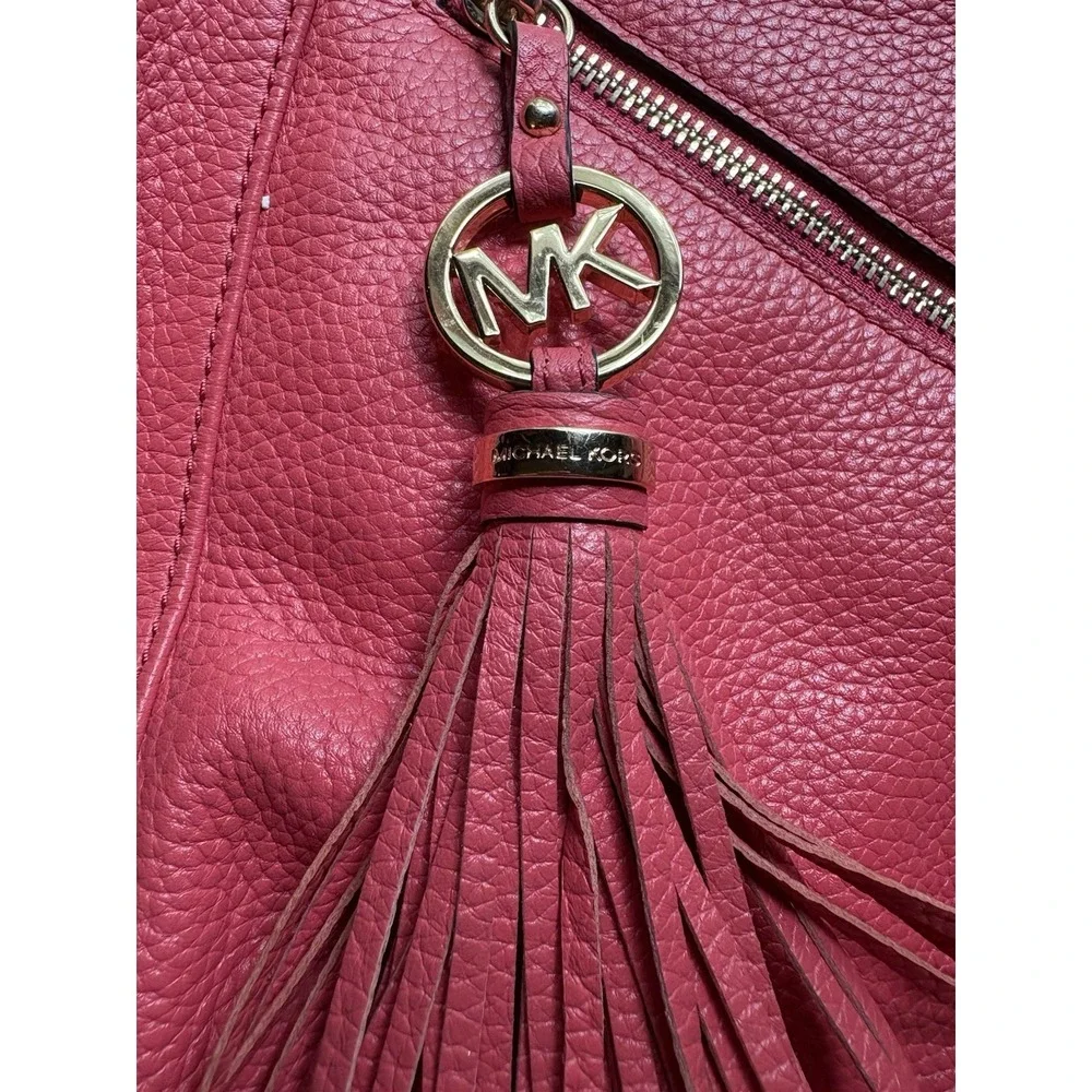 Michael Kors Pink Leather Hobo Shoulder Bag Tassel Charm Gold Tone Zip Pocket